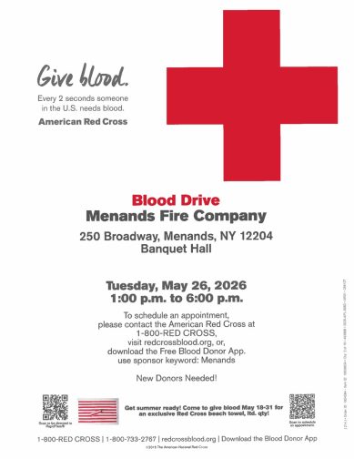 Menands Fire Company blood drive May 26, 2026 flyer